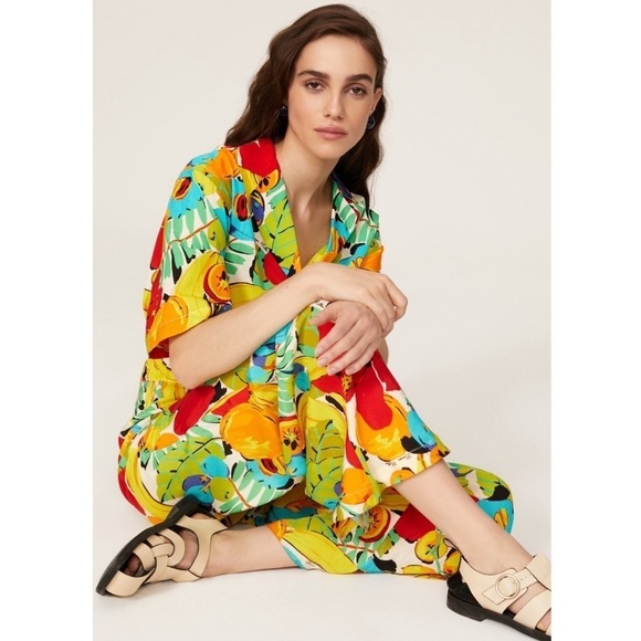 SIMON MILLER Tropical Floral Fruit Print High Rise Wide Leg Pull On Veda Pants L - Picture 3 of 11